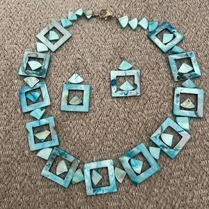 Vintage Blue Geometric Necklace and Earring Set 1980s